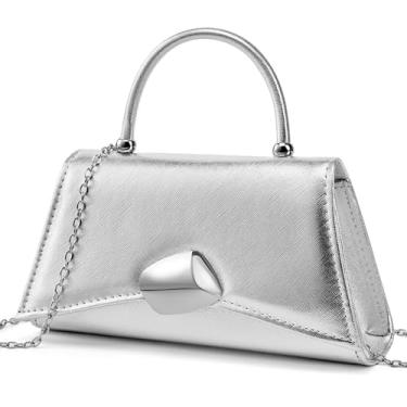 Imagem de Gurina Bolsa de mão de designer para noite com alça de metal, bolsa clutch de couro PU com fivela magnética, elegante bolsa de festa para mulheres, Prata 7ob, Small