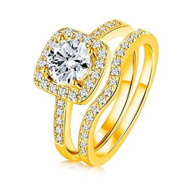 Imagem de Conjunto de anéis de noivado de casamento dois em um banhados a ouro branco/amarelo 18 K com zircônia cúbica halo tamanho 4,5-10, Latão, Zircônia cúbica