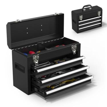 Imagem de Baú de ferramentas de metal resistente com gavetas e forros de EVA, revestido com pó para garagem e casa (preto)