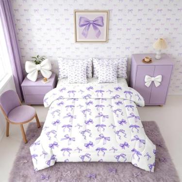 Imagem de Erosebridal Conjunto de edredom completo com laço roxo para meninas | Conjunto de cama com laço em uma bolsa para quarto, fita kawaii, conjunto de cama infantil com edredom, gravata borboleta e