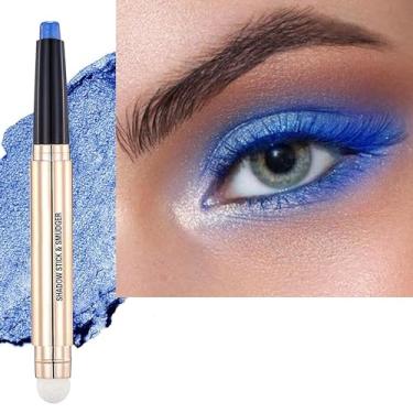 Imagem de SAUBZEAN Lápis de sombra azul, lápis de sombra de olhos creme fosco iluminador, giz de cera hipoalergênico de longa duração, paleta de primer com glitter, caneta delineadora brilhante com pincel macio