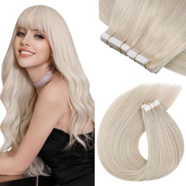 Imagem de Sunny Hair Extensões de cabelo humano fita adesiva extensões de cabelo humano 61 cm fita de cabelo humano real em extensões para mulheres loiro platinado invisível natural liso trama dupla face fita