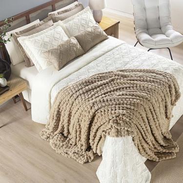 Imagem de Coordenado Cobre Leito e Cobertor Tok Max Queen Ultrasoft Alto Relevo Dupla Face - Palha