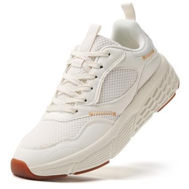 Imagem de TSIODFO Tênis de corrida feminino, sem cadarço, largo, leve, academia, treino, caminhada, Bege 01, 8 Wide