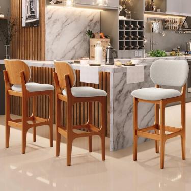 Imagem de Kit 03 Banquetas Alta Bar Cozinha Sala Jantar Fixa Betta L02 Imbuia Bouclê Creme - Lyam Decor