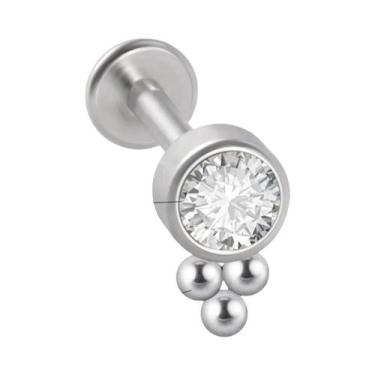 Imagem de Piercing De Aço Cirúrgico Prateado Com Cristais Em Cluster, Base Plana