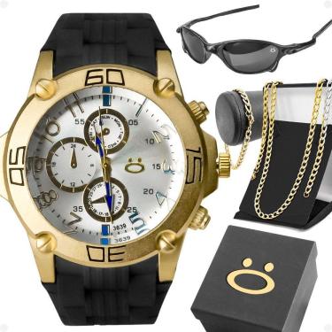 Imagem de Relogio Masculino Aço + Cordao Pulseira + Oculos Sol + Caixa Qualidade Premium Banhado Dourado Preto