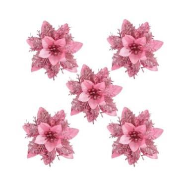 Imagem de Flores Artificiais Com Glitter Rosa Para Decoração De Árvore De Natal,