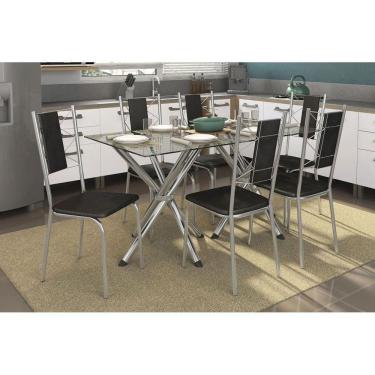 Imagem de Sala De Jantar Completa Volga 150Cm + 6 Cadeiras Lisboa Cromado/Courano Preto - Kappesberg