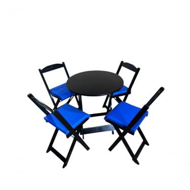 Imagem de Conjunto Mesa Dobrável Com 4 Cadeiras Preto Estofado Azul Redonda