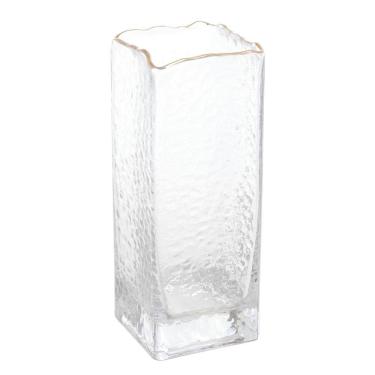 Imagem de Vaso Decorativo de Vidro Martelado Transparente C/Borda Dourada Taj 25x8cm Wolff