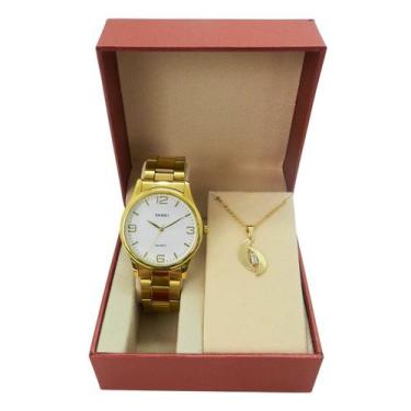 Imagem de Kit Relógio Feminino Skmei SK004 Dourado Analógico  Colar Brinde  Esti