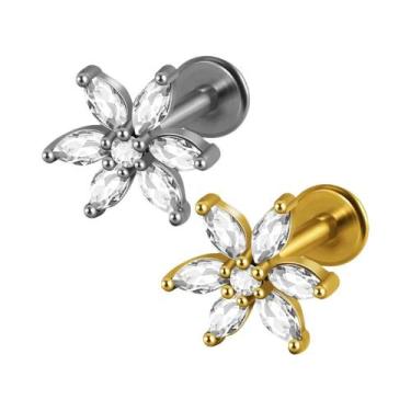Imagem de Piercing Labret De Aço Cirúrgico Com Zircônia Cúbica Em Formato De Flo