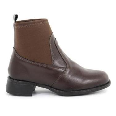 Imagem de Coturno Bota Feminino Couro Marrom Neoprene Salto Confortáve-Feminino