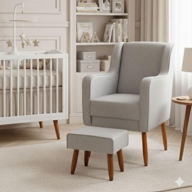 Imagem de Poltrona Amamentação Pés Palito Naná E Puff Linho Cinza - Pallazio