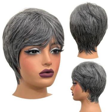 Imagem de Peruca curta cinza grisalha repicada franja unissex cor 44 - LIONSWIG