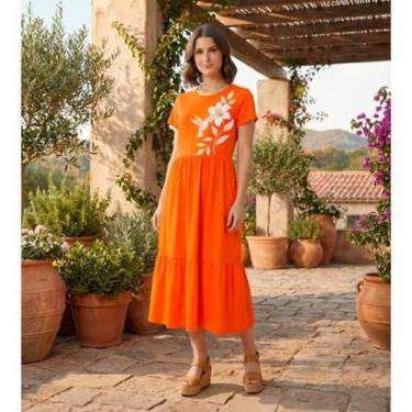 Imagem de Vestido Midi Três Marias Feminino Aveloz Estampa Beija Flor Laranja-Feminino