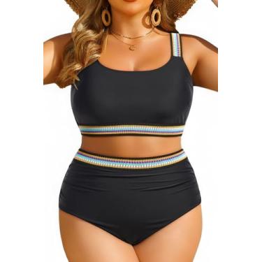 Imagem de Daci Biquíni feminino plus size de duas peças - maiôs de cintura alta com controle de barriga 2025, Preto, 28 Plus Size