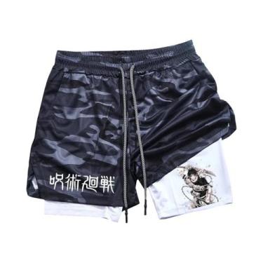 Imagem de Shorts De Corrida Masculinos 2 Em 1 Em Malha Com Estampa De Anime, Cal