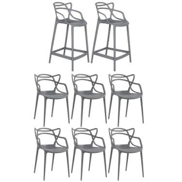 Imagem de Kit 6 cadeiras + 2 banquetas médias Masters Allegra - Cinza Escuro - L
