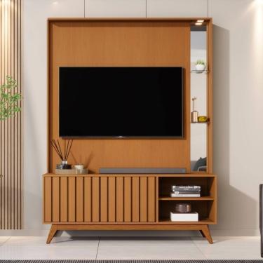 Imagem de Estante Home Ripada para TV ate 60 Polegadas 2 Portas com Pes de Madeira Em MDF Acai JB Moveis