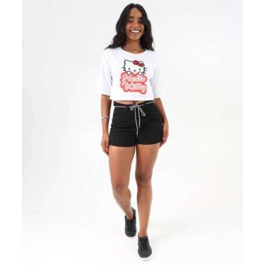 Imagem de Short Feminino Sarja Cordão Cintura Alta Preto-01035 - Vizzy, Preto, 3