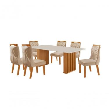 Imagem de Conjunto de Jantar Imperatriz 1.80 6 Lugares Tampo MDF com Cadeiras Veneza Linho Cinamomo e Bege LJ Móveis