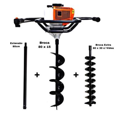 Imagem de KIT Perfurador de Solo Vulcan VPS520-S 2T 52CC 2,5HP com Broca 80x15cm + Extra Kawashima Broca 80x30cm + Extensão 80cm