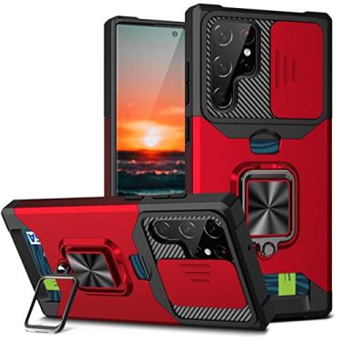 Imagem de OIOMAGPIE Capa protetora para celular com suporte de cartão e suporte de janela deslizante para Samsung Galaxy S22 S21 S30 Ultra Plus FE Note 20 Pro, capa de proteção de lente (vermelho, S22 Plus)