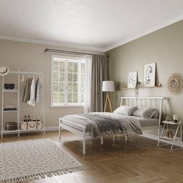 Imagem de Conjunto Cama Queen 2 Mesa de Cabeceira e Arara de Roupas em Aço Begônia CabeCasa MadeiraMadeira Branco