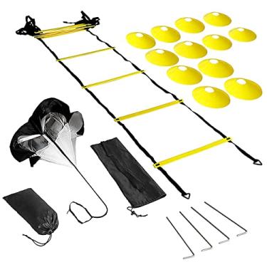 Imagem de Kit de treinamento rápido de velocidade de escada de agilidade de futebol com brocas para pés de basquete de 12 degraus com paraquedas de resistência, 12 cones e 4 estacas, amarelo, 6 m