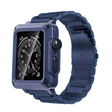 Imagem de SDUTIO Capa de pulseira de aço para Apple Watch 7 6 SE 5 4 3 se Mod de aço inoxidável para IWatch 44mm 42mm 38mm 40mm Capa de metal de luxo e capa protetora de banda (Cor: azul, Tamanho: