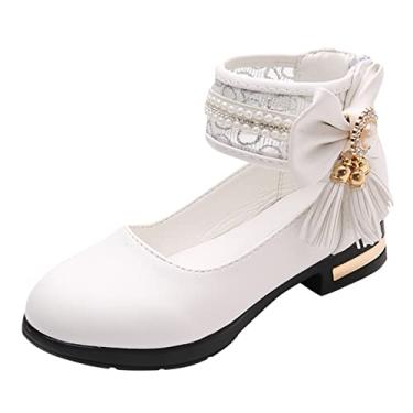 Imagem de Modelos Sweet Girls sapatos de couro princesa com joias borla sapatos de vestido para meninas festa escola infantil (branco, 6-7 anos)