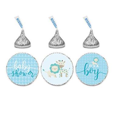 Imagem de Andaz Press Trio de etiquetas de gotas de chocolate, chá de bebê para meninos, safári na selva azul bebê com leão e girafa, pacote com 216, serve para lembrancinhas de festa de beijos, decoração,