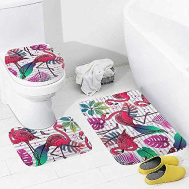 Imagem de Conjunto de tapetes e tapetes de banheiro, 3 peças de folhas de palmeira, flamingos rosa, tapete de banheiro de espuma viscoelástica, lavável, antiderrapante, tapete e tampa para banheiro