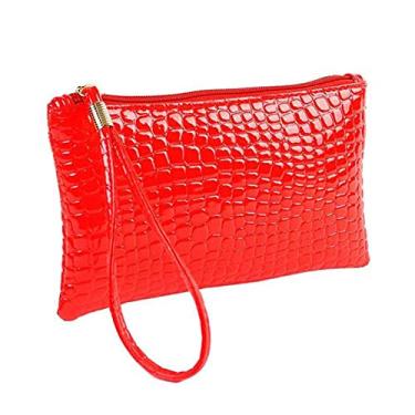 Imagem de Bolsa cosmética kit de ferramentas de couro pequena carteira feminina de couro de crocodilo bolsa clutch bolsa de moedas mini carteira bolsa de cosméticos, Vermelho