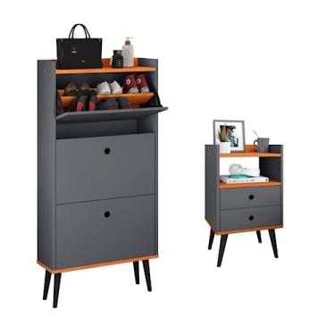 Imagem de Conjunto Sapateira Vertical 3 Gavetas Basculantes Dark e Mesa de Cabeceira Pequena Mesinha Nicho Organizador Decoração Quarto Dream - RPM (Cinza/Cinamomo)