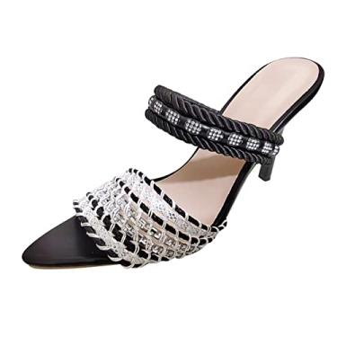 Imagem de Sandália de salto alto para mulheres moda verão cor tecido malha strass decorativo fino fino salto alto sandálias (preto, 8,5)