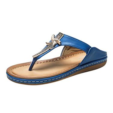Imagem de Chinelos sem salto estilo romano para mulheres verão antiderrapante suporte arco praia chinelos casuais elegantes sandálias (azul-G, 7)
