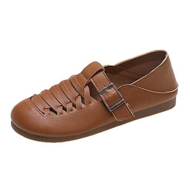 Imagem de Sandálias rasteiras com tiras de fivela para mulheres elegantes 2023 verão novo casual sola plana sapato único sapatos casuais de tecido oco (marrom, 8)