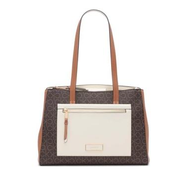 Imagem de Calvin Klein Bolsa feminina Hadley – 2 em 1, couro vegano, 5 bolsos, marrom/cáqui/caramelo/branco, One Size