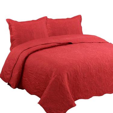 Imagem de Colcha king size cobre leito kit 3 peças Elegante Lisa Porta Travesseiro Vermelho