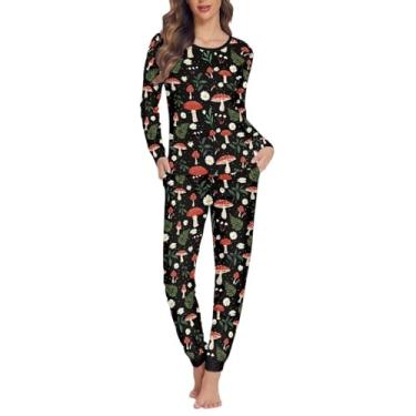 Imagem de Gzzxiailg Conjunto de pijama feminino de manga comprida para dormir, roupa de dormir moderna, confortável, roupa de dormir elegante para casa PP-6GG, Folhas de margarida de cogumelo, 4X-Large