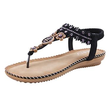 Imagem de Sapatos femininos com faixa elástica sandálias casuais boho sandálias de praia strass flor decoração flip feminino, Preto, 8