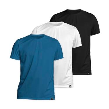 Imagem de Kit 3 Camisetas Algodão Solid Muvin – Casual - Manga Curta – Masculina – Camiseta Academia Treino Funcional – Corrida – Ginástica Fitness – Caminhada (BR, Alfa, G, Regular, Preto/Branco/Azul)