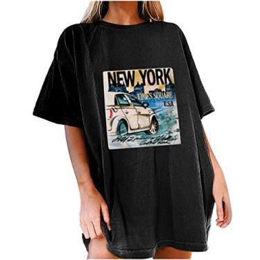Imagem de Nova York – Camiseta vintage oversized para mulheres pulôver camisa de manga curta ombro caído Top Túnica Tops de verão Top feminina mangas Cidade 1998 1898 PRAÇA DE TES E30-Preto XX-Large