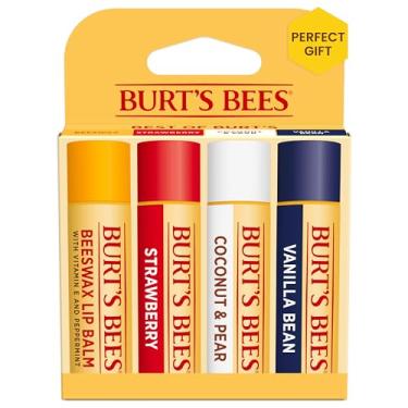 Imagem de Burt's Bees Protetor labial – cera de abelha, morango, coco e pera e fava de baunilha, com cera de abelha de origem responsável, sem matiz, tratamento labial de origem natural, 4 tubos, 4,3 g.