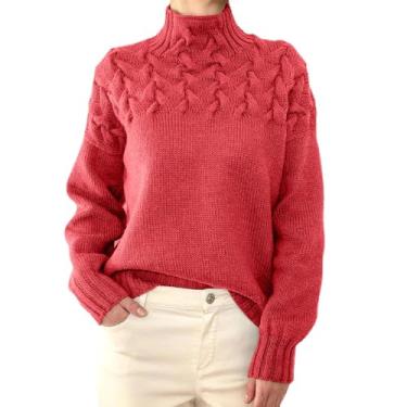 Imagem de Suéter feminino casual de malha de cor sólida pulôver de manga comprida suéter de gola rolê, Vermelho melancia, 3G