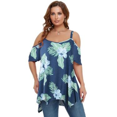 Imagem de LARACE Tops de ombro vazado para mulheres, roupas de verão, túnica com alças finas, camisetas grandes assimétricas, blusa plus size, A-steelblue32, 3X