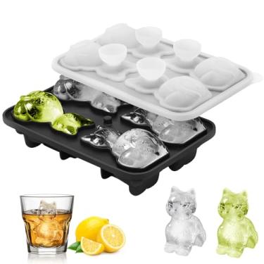 Imagem de Bandeja de silicone para cubos de gelo, moldes grandes de cubos de gelo 3D para uísque, coquetéis, vinho, suco e bourbon, 4 bandejas de gelo grandes e fofas de animais para freezer com tampa de